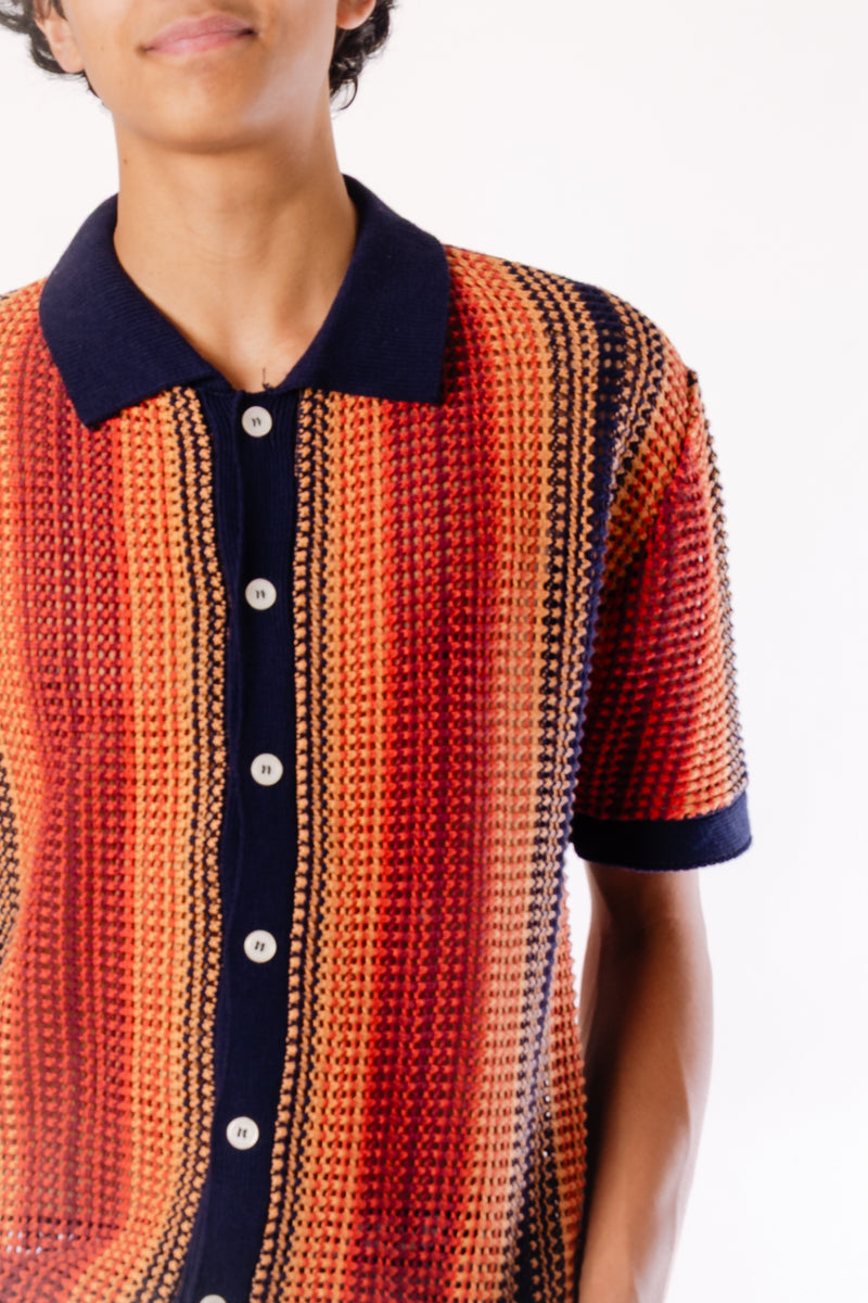 Stripe Crochet Button Up Shirt - NVY