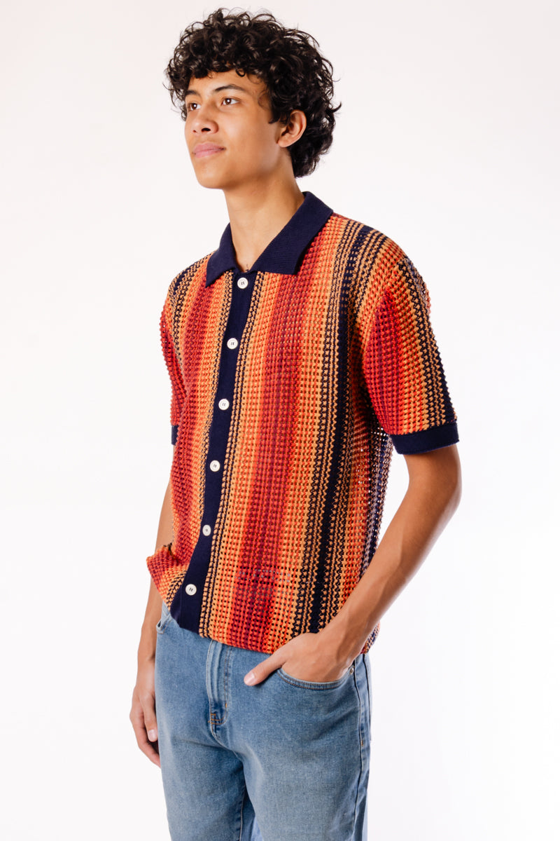 Stripe Crochet Button Up Shirt - NVY