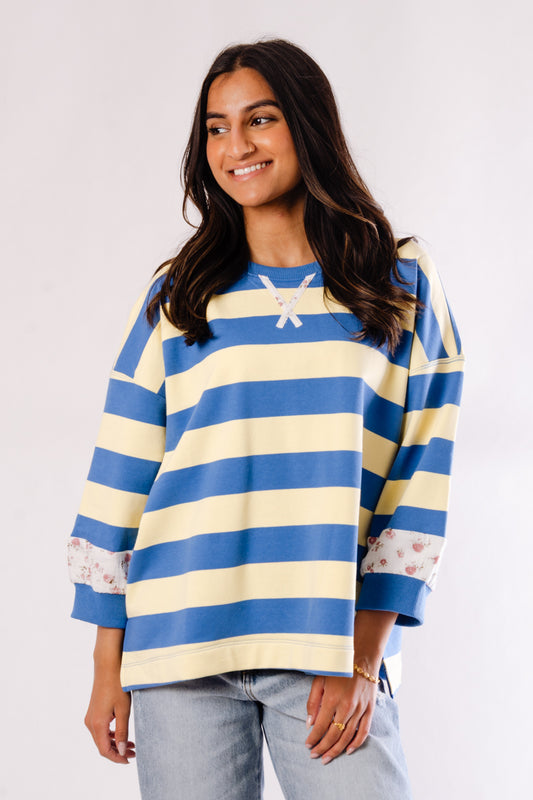 Stripe Floral Contrast Sleeve Tee - YLB