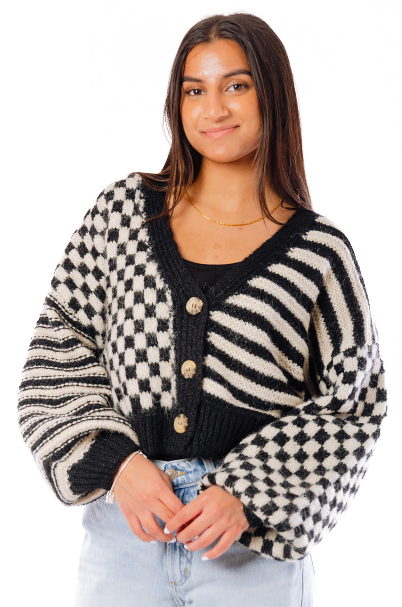 Striped & Checkered Cardigan - BLK