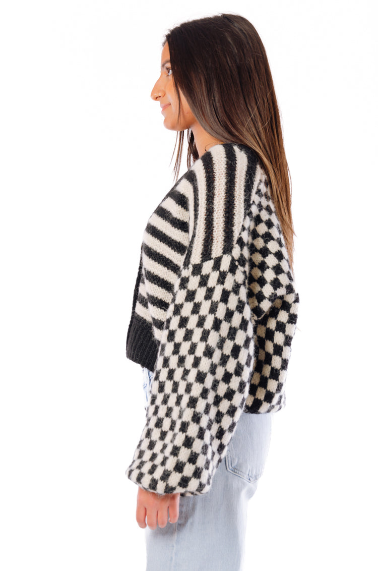 Striped & Checkered Cardigan - BLK