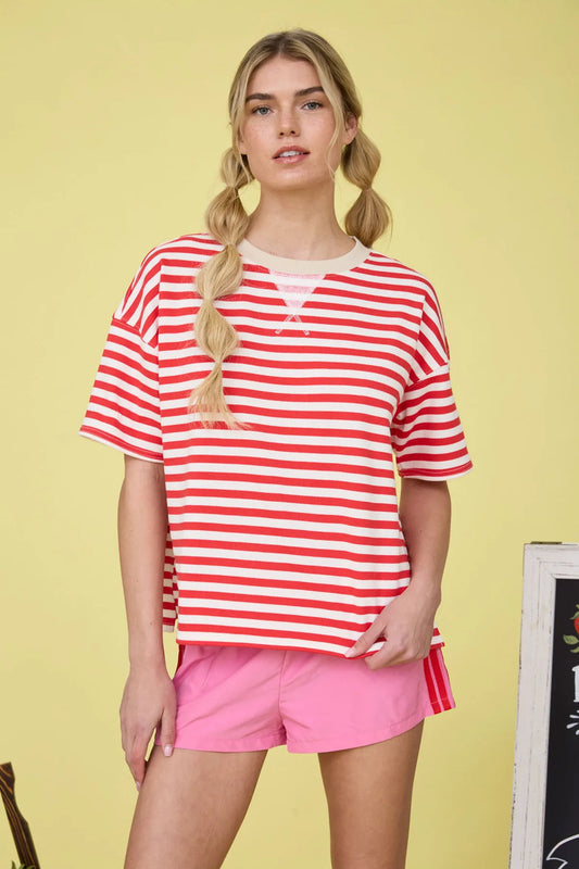 Striped Colorblock Tee - RED