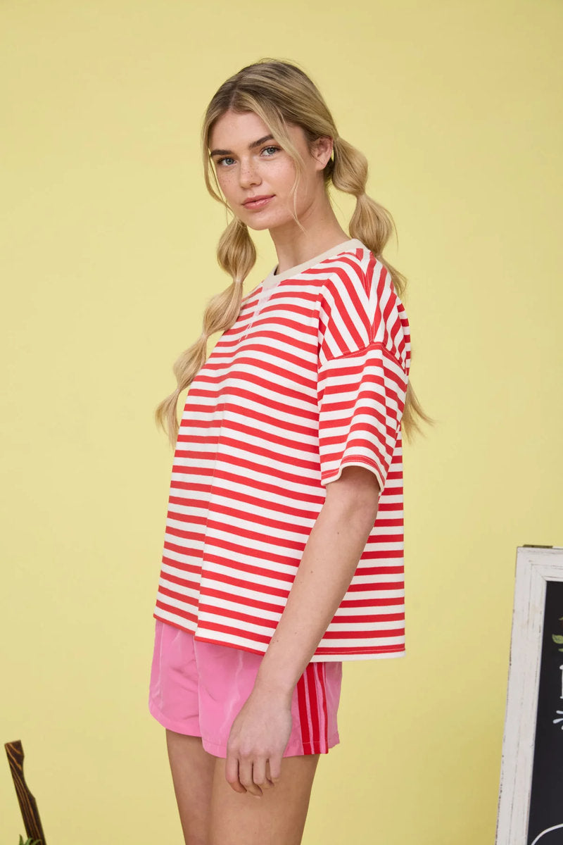 Striped Colorblock Tee - RED