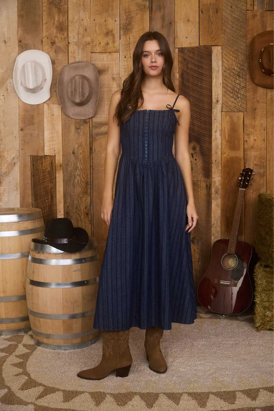 Striped Corset Denim Midi Dress - DNM