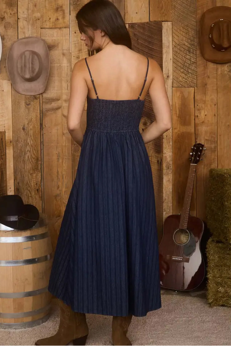 Striped Corset Denim Midi Dress - DNM