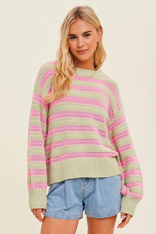 Striped Crochet Sweater - PNK