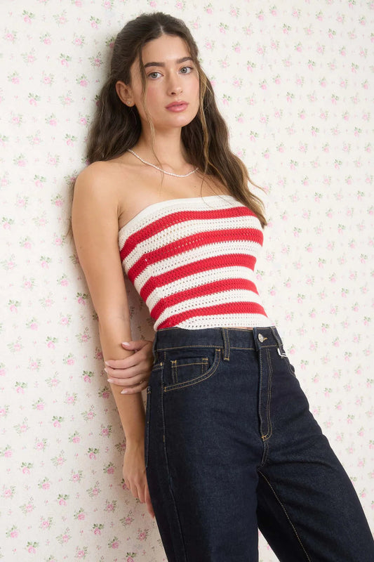 Striped Crochet Tube Top - RED