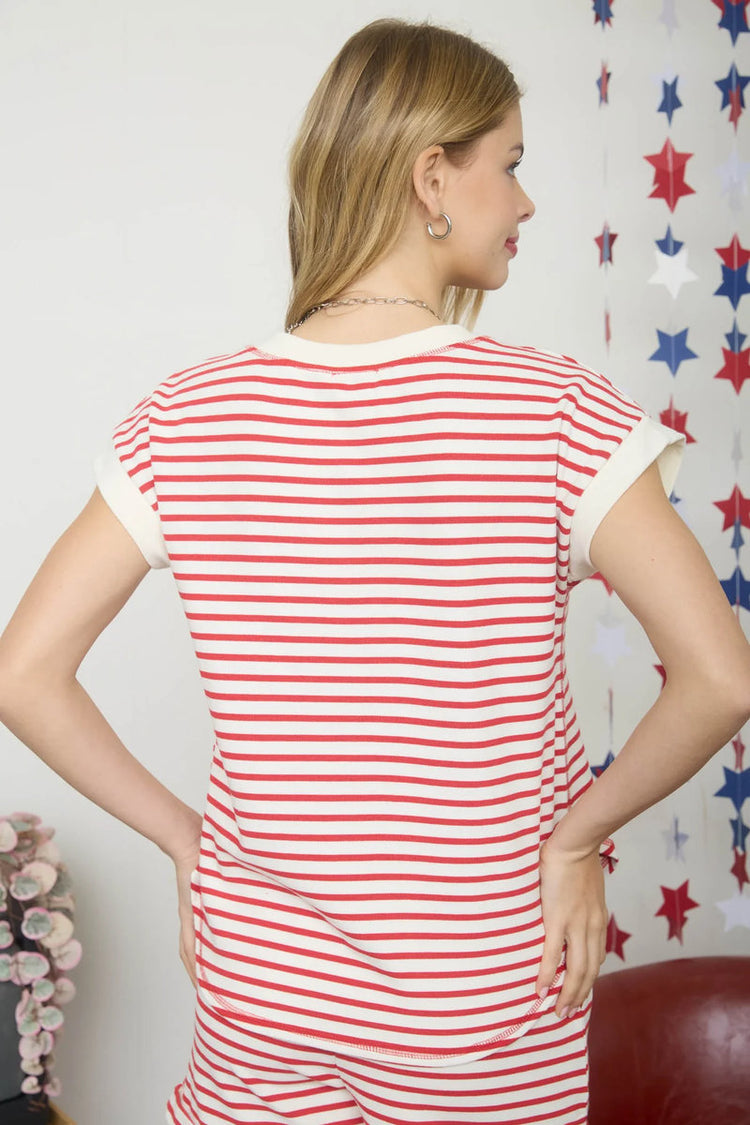 Striped Henley Tee - RED