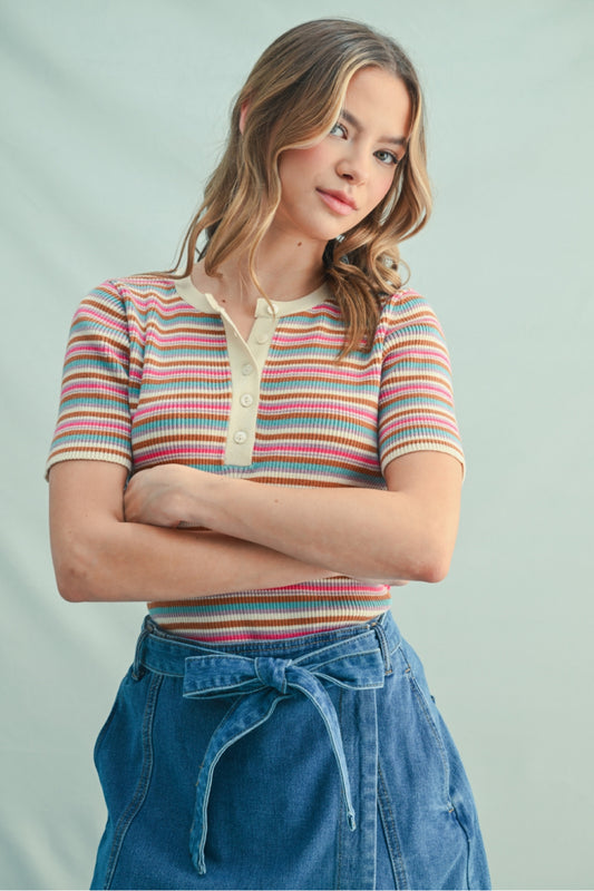 Striped Knit Polo - TEA