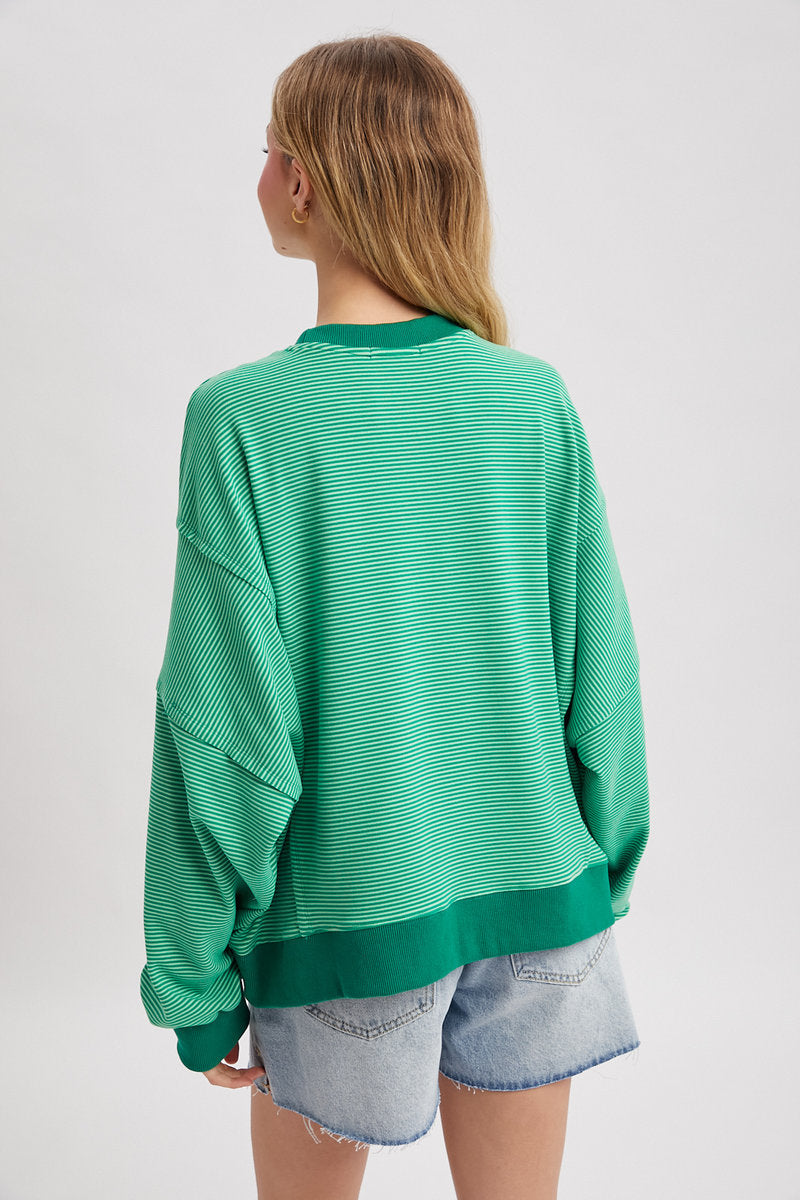 Striped Oversized Crew - GRN