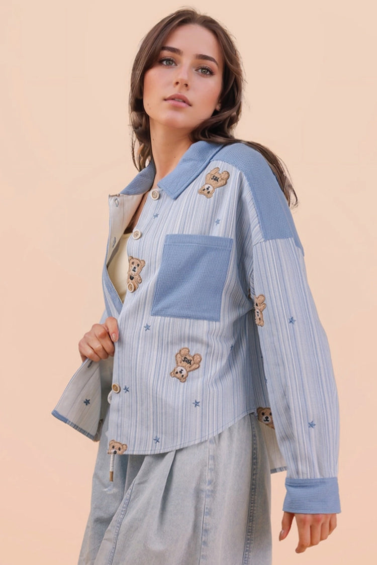 Teddy Bear Patch Shacket - BLU
