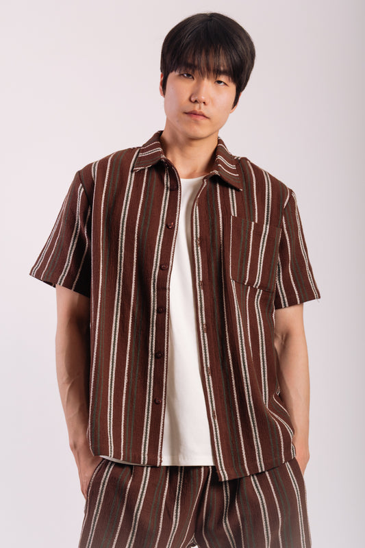 Textured Stripe Short Sleeve Shirt - BRN