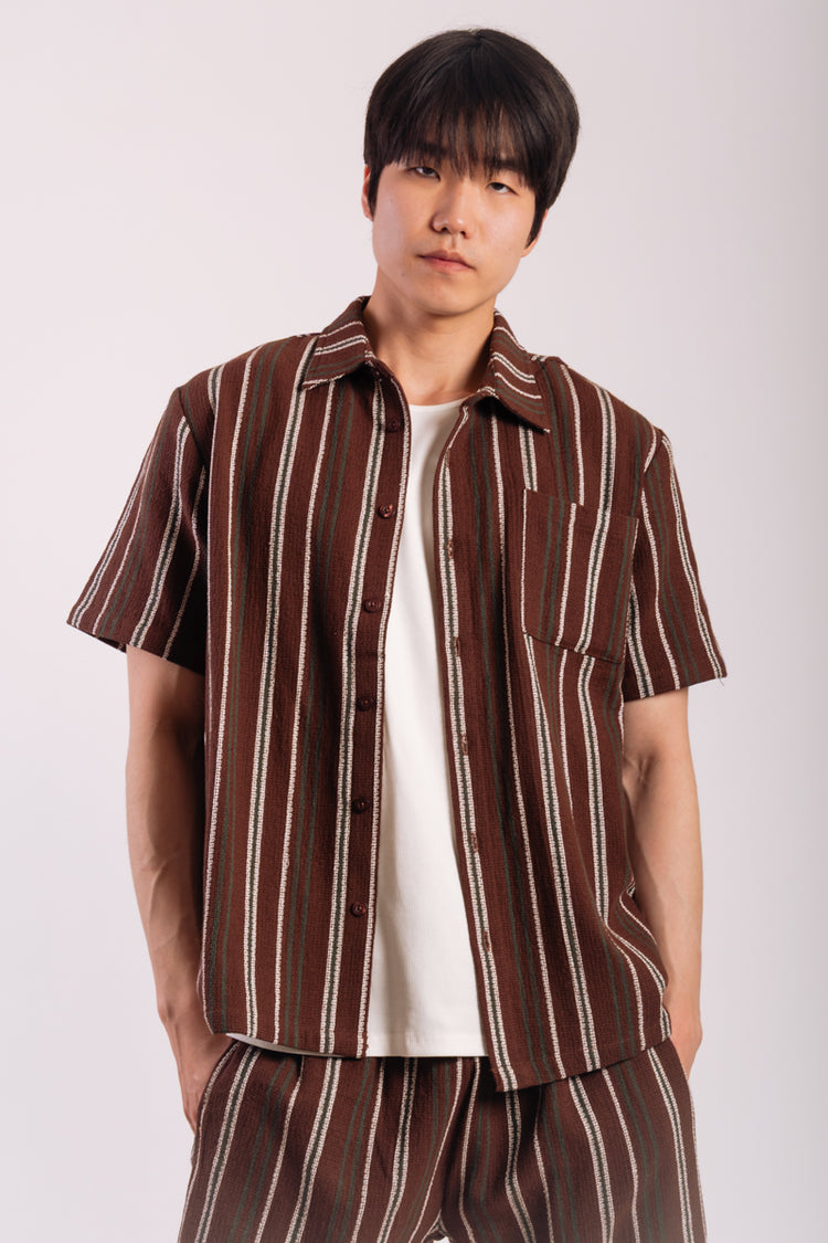 Textured Stripe Short Sleeve Shirt - BRN