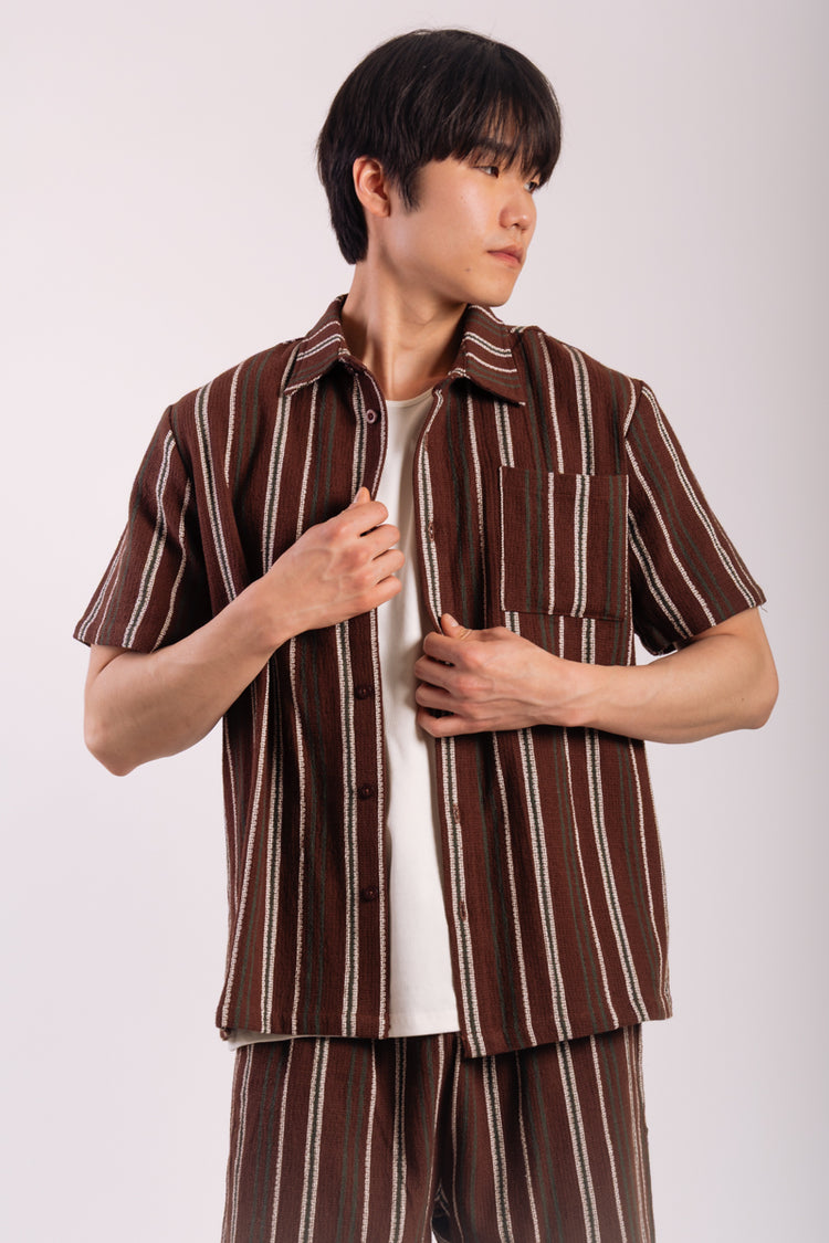 Textured Stripe Short Sleeve Shirt - BRN
