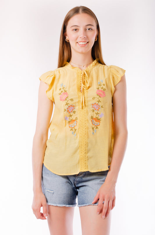Tie Embroidered Blouse - YEL