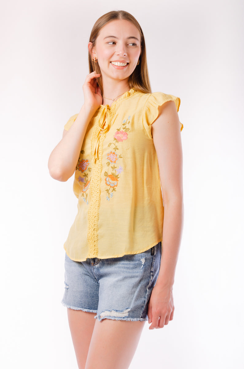 Tie Embroidered Blouse - YEL
