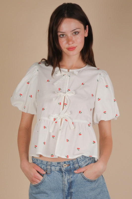 Tie Front Cherry Blouse - WHT