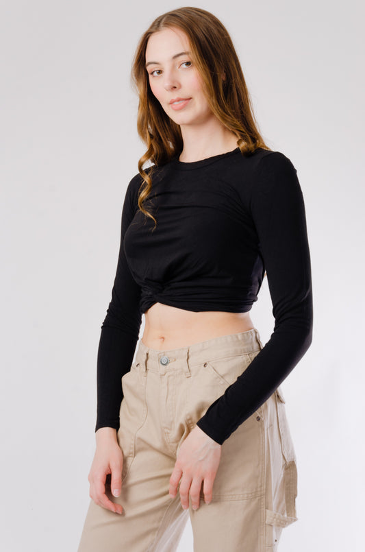 Twisted Long Sleeve Crop Top - BLK