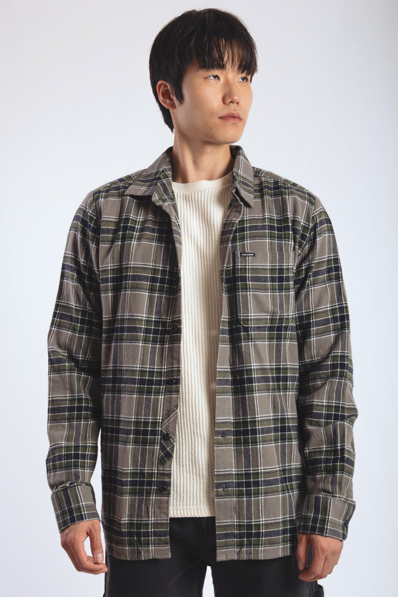 Volcom Caden Plaid Long Sleeve Shirt Pewter - PEW